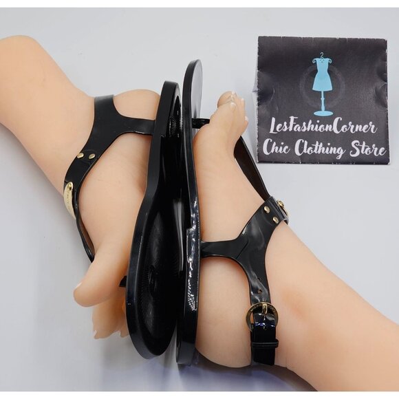 Michael Kors Women's Black Jelly Gold Logo Plate Thong Sandals Size 8M 2648 - Picture 12 of 16